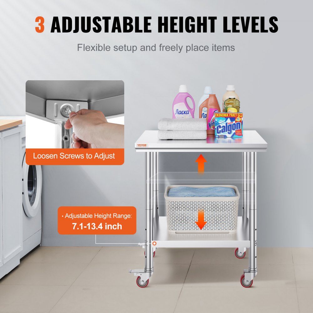 GZT76X60L - 24" x 30" Stainless Steel Work Table with Wheels & Adjustable Shelves