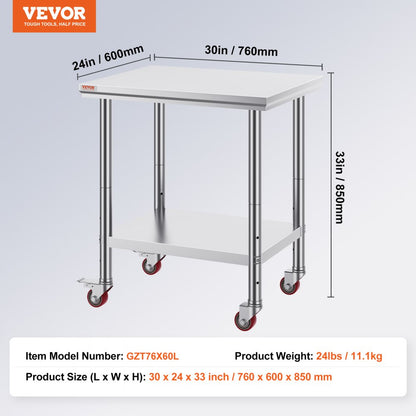 GZT76X60L - 24" x 30" Stainless Steel Work Table with Wheels & Adjustable Shelves