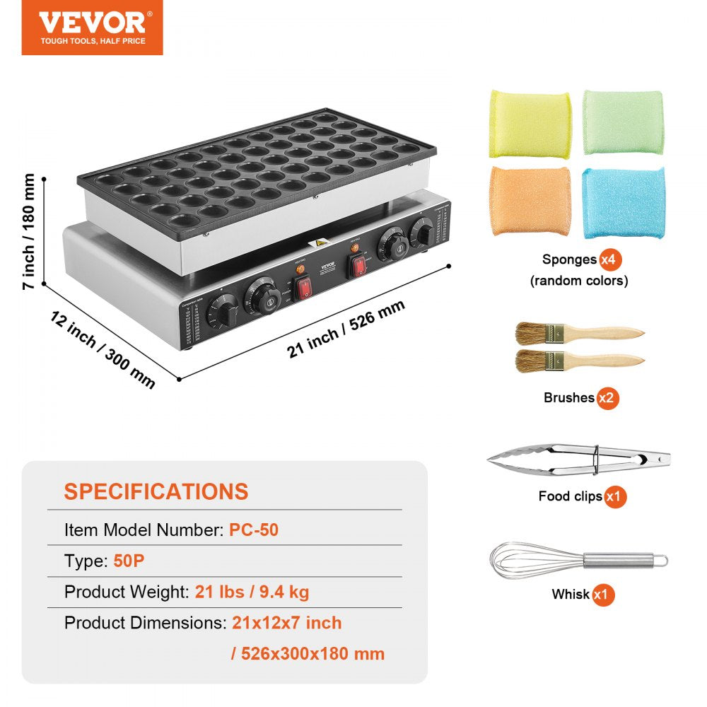 PC-50 - 1700W Stainless Steel Mini Pancake Maker for 50 Waffles