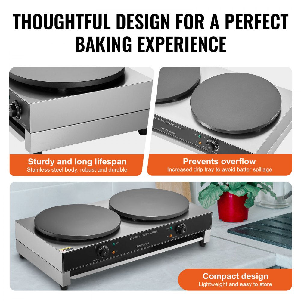 HT-2E - Commercial 3400W Crepe Maker with Adjustable Heat & Beep Alert