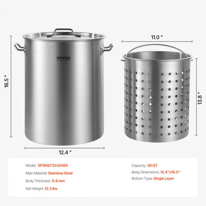SP36QT324206S - 36QT Stainless Steel Stockpot with Strainer Basket & Handle