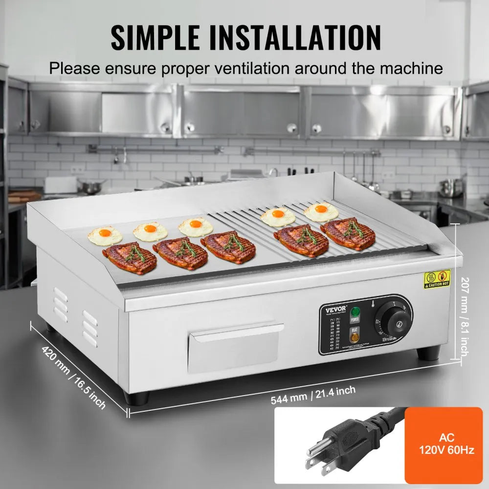 HT-821 - VEVOR 1600W Commercial Electric Griddle with 122℉-572℉ Temp Control