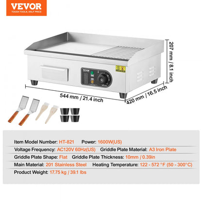 HT-821 - VEVOR 1600W Commercial Electric Griddle with 122℉-572℉ Temp Control