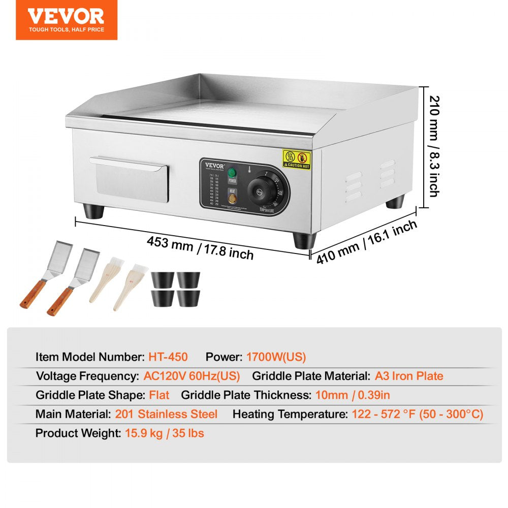 HT-450 - VEVOR Electric Griddle with 122-572°F Temp Control, A3 Iron Plate