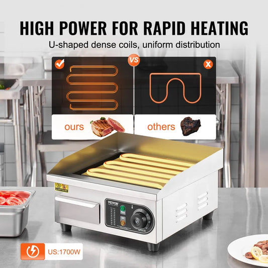 HT-818B - 1700W Stainless Steel Electric Griddle with 122-572°F Temperature Control