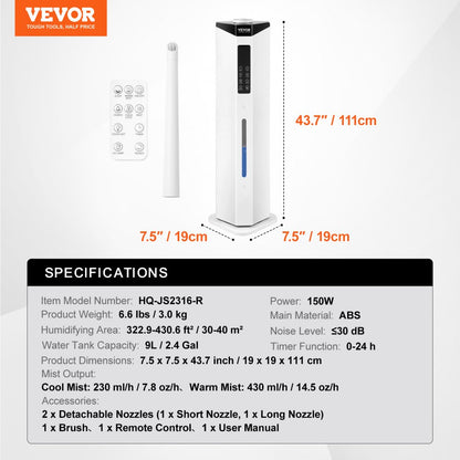 HQ-JS2316-R - VEVOR 2.4 Gal Multi-Mode Humidifier for Comfort & Plants