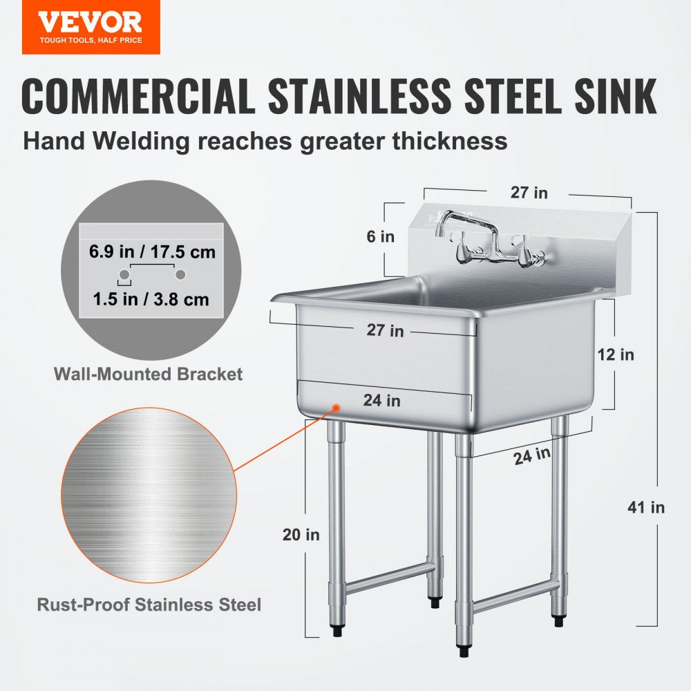 S1C-242413 - Durable Stainless Steel Prep Sink for Commercial Use