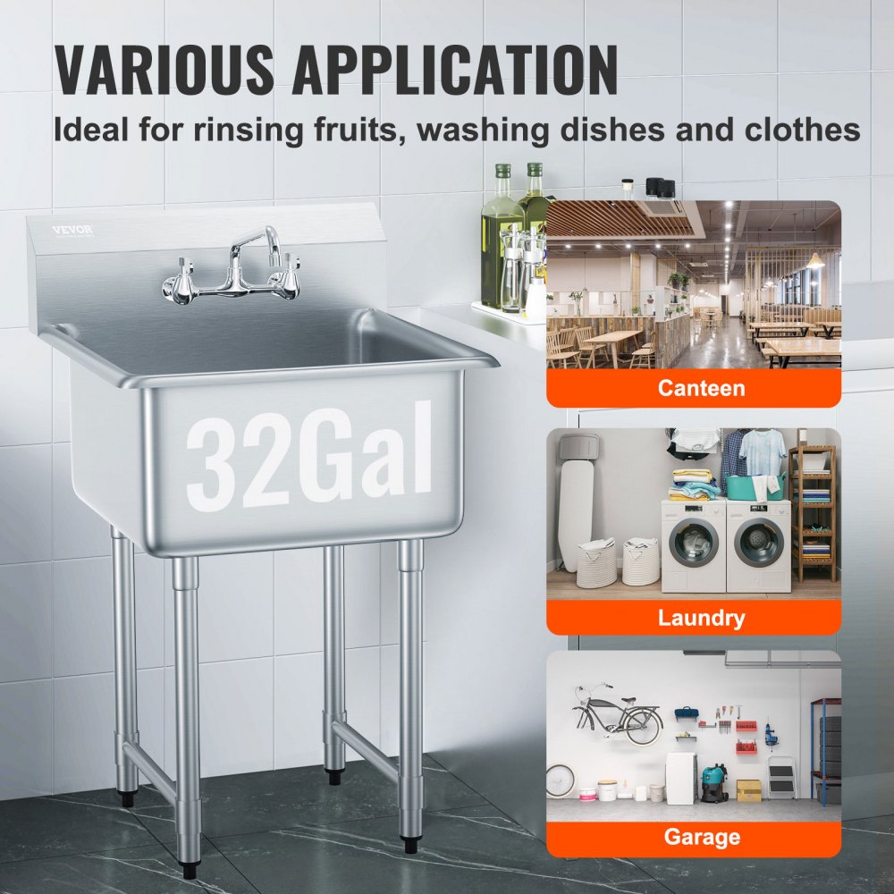 S1C-242413 - Durable Stainless Steel Prep Sink for Commercial Use