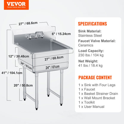 S1C-242413 - Durable Stainless Steel Prep Sink for Commercial Use