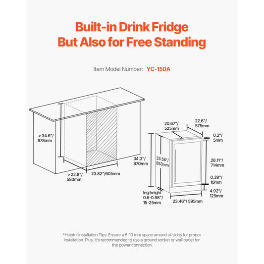 YC-150A - Built-in Beverage Cooler with Glass Door, Rapid Cooling 37-65℉