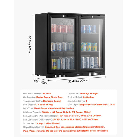 YC-204 - Built-in Beverage Cooler with Glass Door, 246 Can Capacity