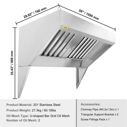 010726834084 - 5FT Stainless Steel Exhaust Hood with Powerful Suction