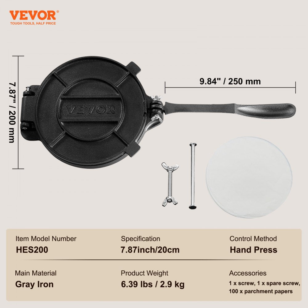 HES200 - 8-Inch Cast Iron Tortilla Press for Flour & Corn Tortillas