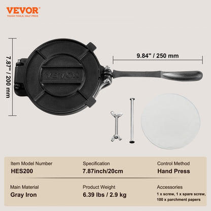 HES200 - 8-Inch Cast Iron Tortilla Press for Flour & Corn Tortillas
