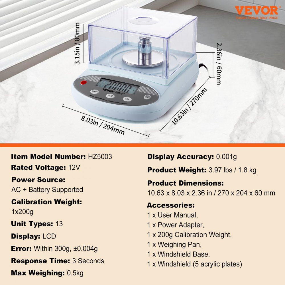 HZ5003 - Precision 500g Analytical Balance with High-Def Display and Stainless Tray