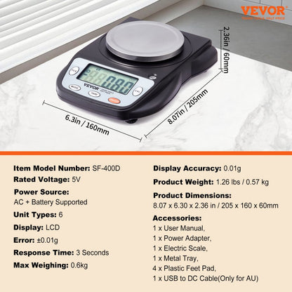 SF-400D - VEVOR 600g Precision Balance with LCD & Stainless Steel Tray