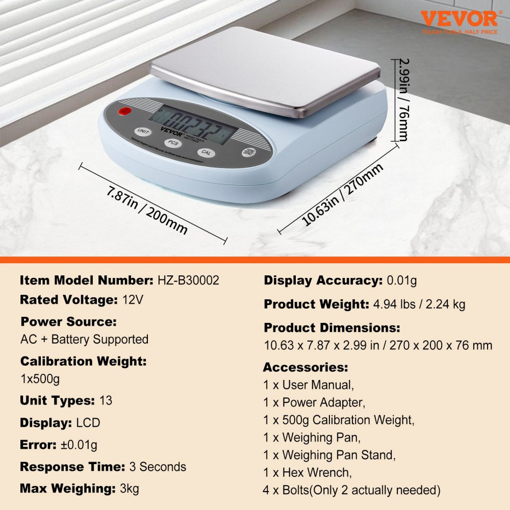HZ-B30002 - VEVOR 3000g Lab Scale with 6.93" Stainless Steel Tray