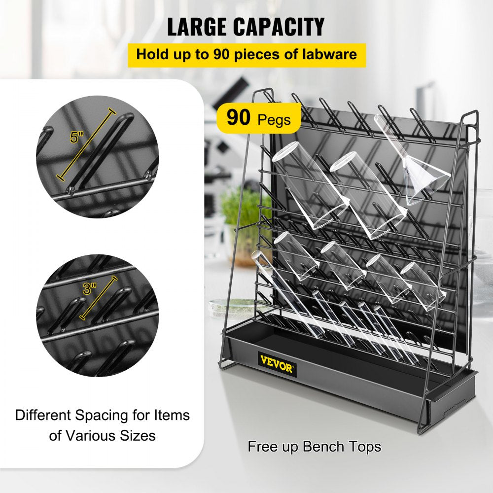 90PEGS - VEVOR 90-Peg Steel Drying Rack with Drain Pan and Beaker Brush