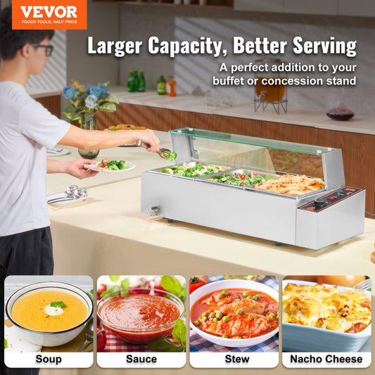 SC-TC-213 - 3-Pan Stainless Steel Food Warmer with Glass Cover, 8Qt