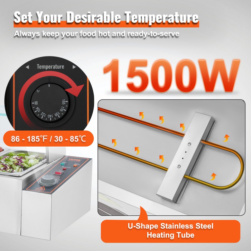 SC-TC-316 - 6-Pan Stainless Steel Food Warmer with Glass Shield