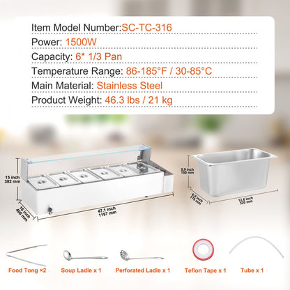 SC-TC-316 - 6-Pan Stainless Steel Food Warmer with Glass Shield