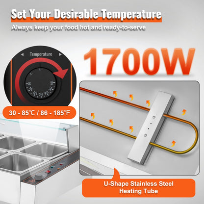 SC-TC-2108 - 8-Pan Stainless Steel Buffet Food Warmer with Glass Shield