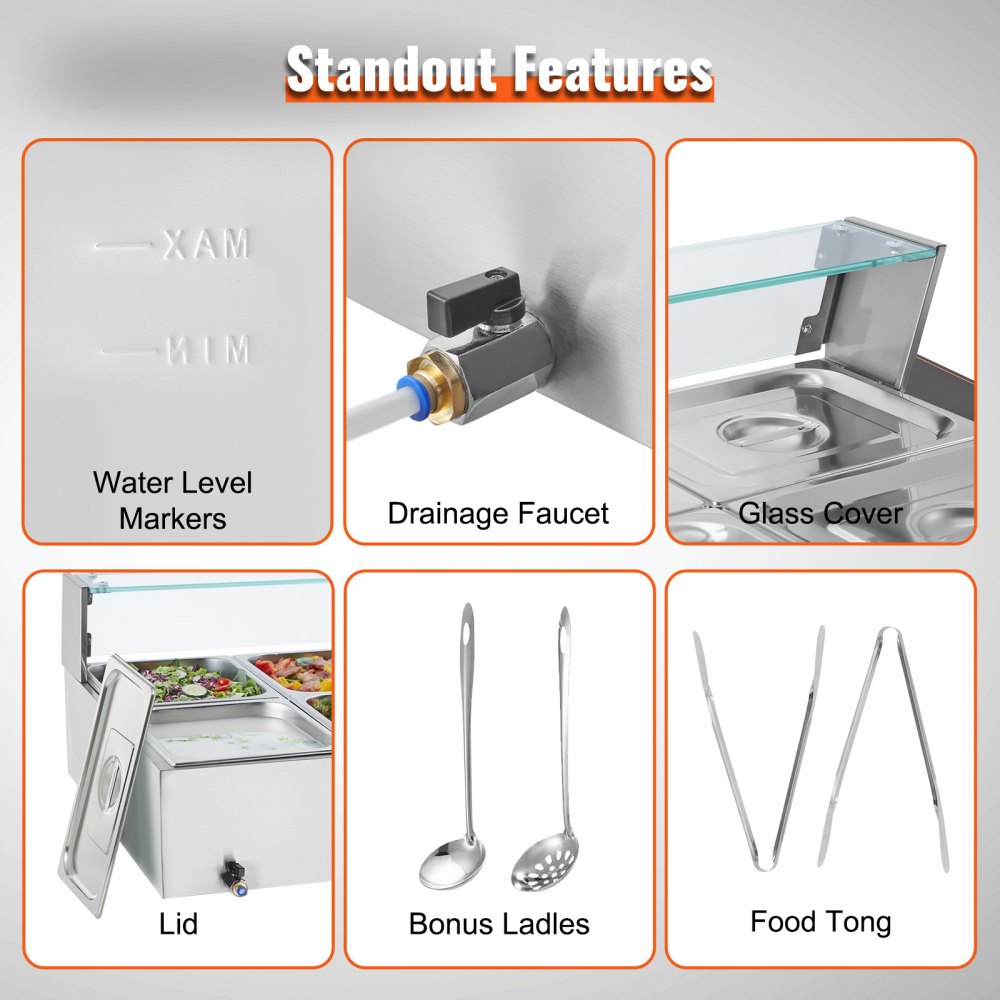 SC-TC-2108 - 8-Pan Stainless Steel Buffet Food Warmer with Glass Shield