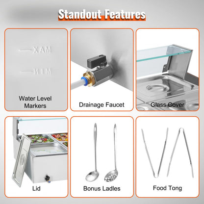 SC-TC-2108 - 8-Pan Stainless Steel Buffet Food Warmer with Glass Shield