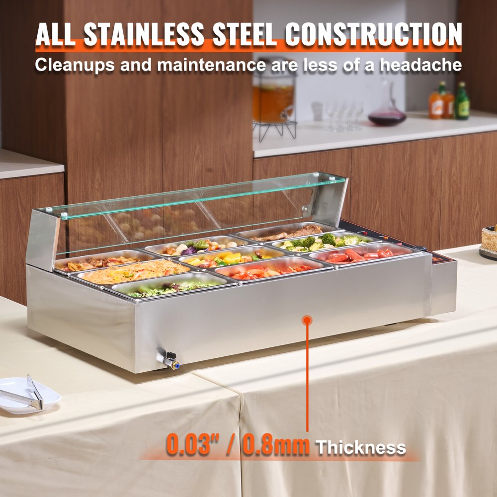 SC-TC-319 - 9-Pan Stainless Steel Food Warmer with Glass Cover