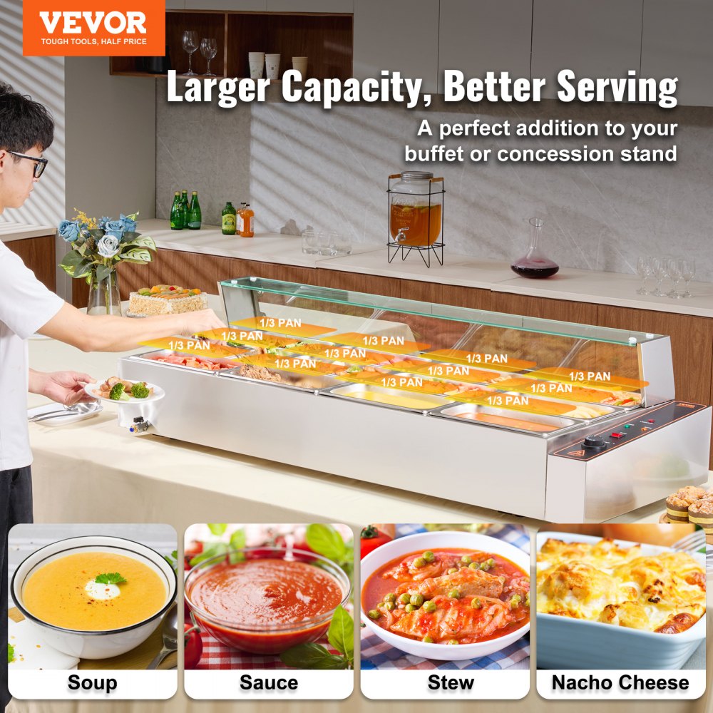 SC-TC-3112 - 12 Pan Commercial Food Warmer with Glass Cover and Temperature Control