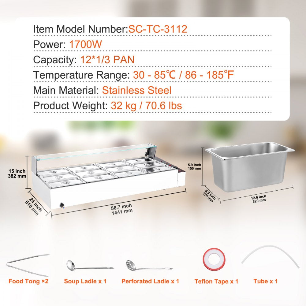 SC-TC-3112 - 12 Pan Commercial Food Warmer with Glass Cover and Temperature Control