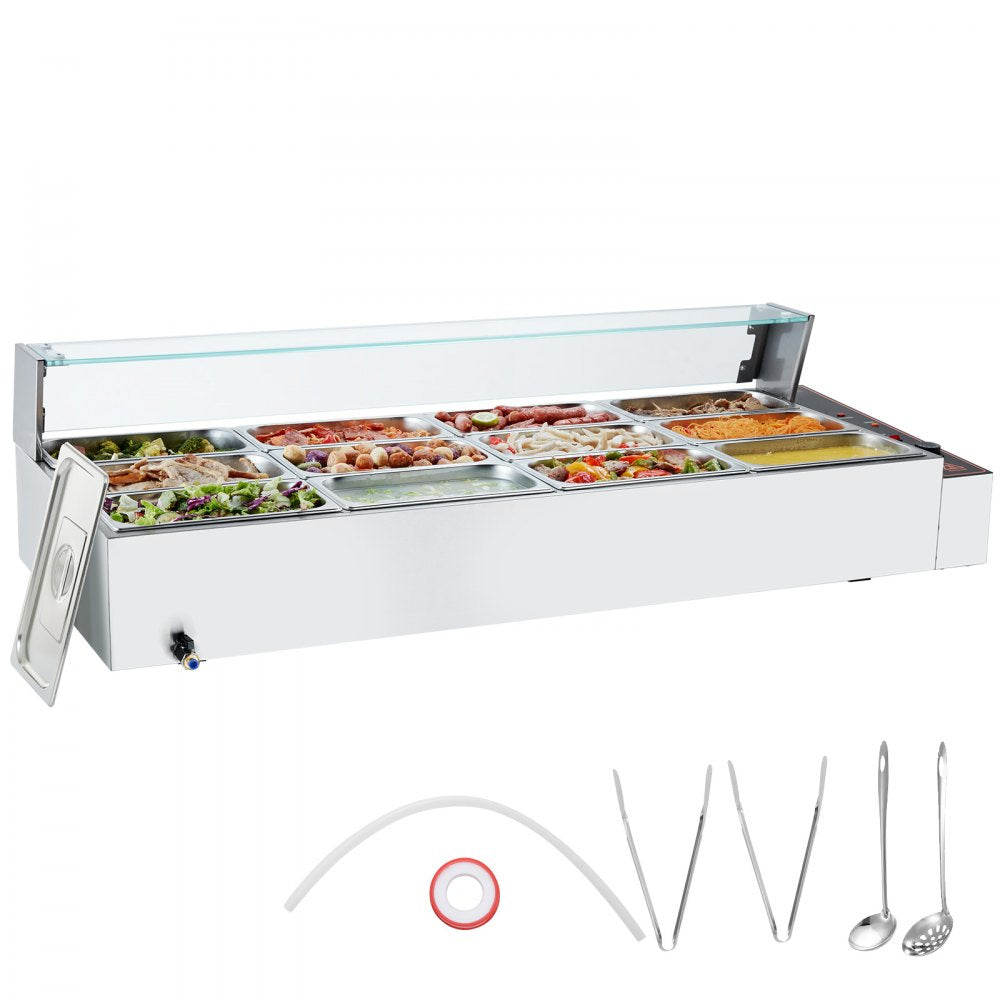 SC-TC-3112 - 12 Pan Commercial Food Warmer with Glass Cover and Temperature Control