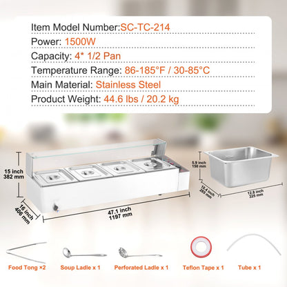 SC-TC-214 - 4-Pan Commercial Food Warmer with Glass Cover, 8qt Capacity