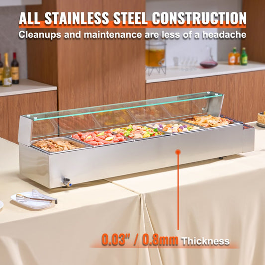 SC-TC-215 - 5-Pan Stainless Steel Food Warmer with Glass Cover & Protection