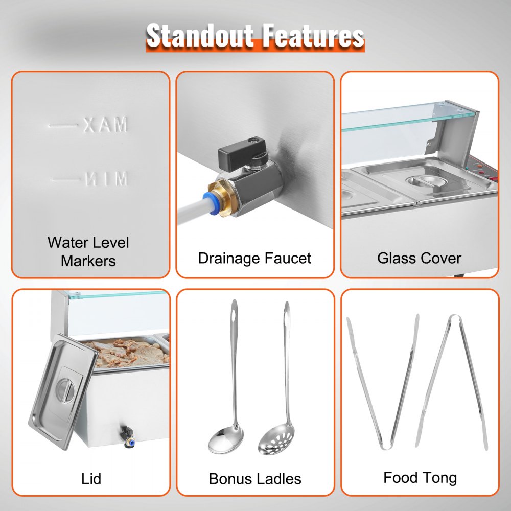 SC-TC-215 - 5-Pan Stainless Steel Food Warmer with Glass Cover & Protection