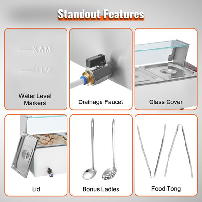 SC-TC-215 - 5-Pan Stainless Steel Food Warmer with Glass Cover & Protection