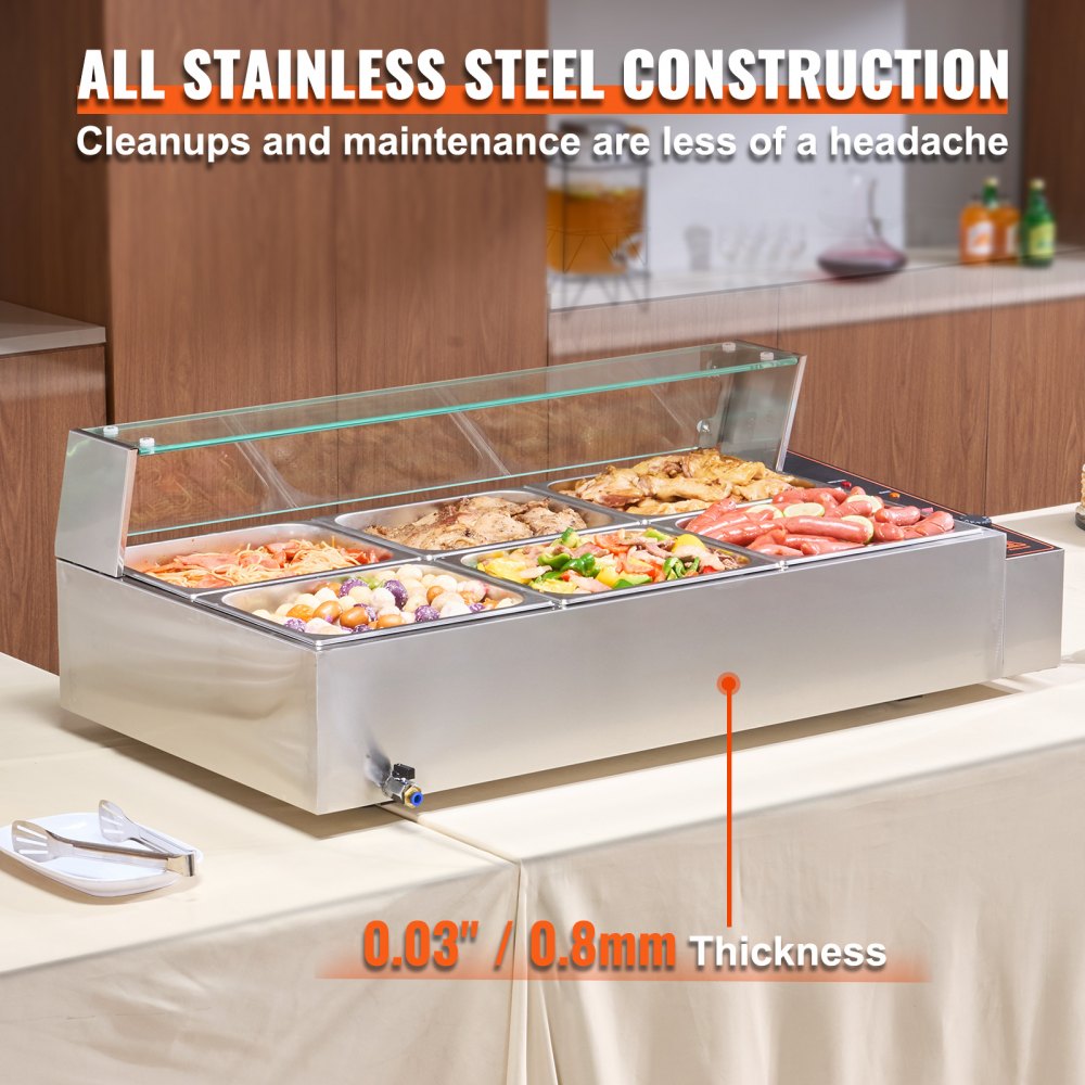 SC-TC-216 - 6-Pan Stainless Steel Buffet Warmer with Glass Cover