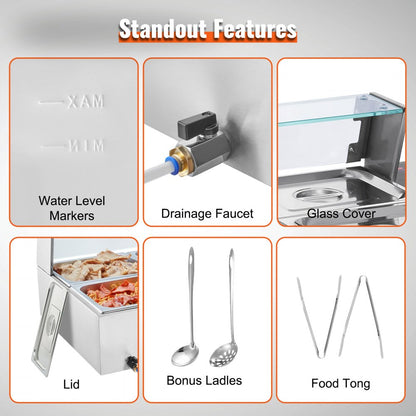 SC-TC-216 - 6-Pan Stainless Steel Buffet Warmer with Glass Cover