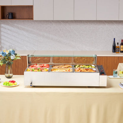 SC-TC-216 - 6-Pan Stainless Steel Buffet Warmer with Glass Cover