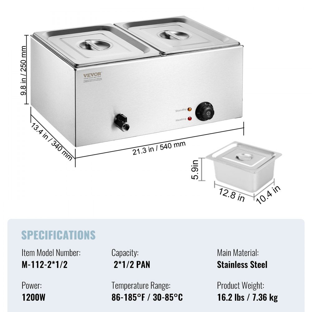 M-112 - 2-Pan Stainless Steel Food Warmer with Dry-Burn Protection