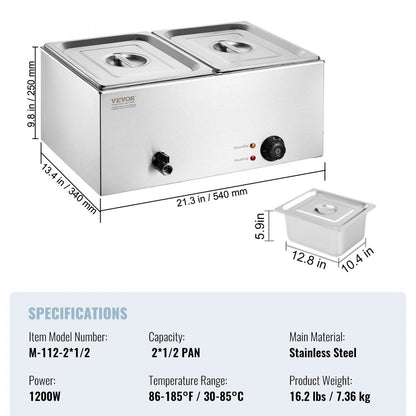 M-112 - 2-Pan Stainless Steel Food Warmer with Dry-Burn Protection