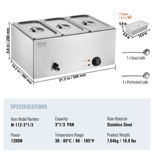 M-112 - 3-Pan Stainless Steel Food Warmer with Dry-Burn Protection