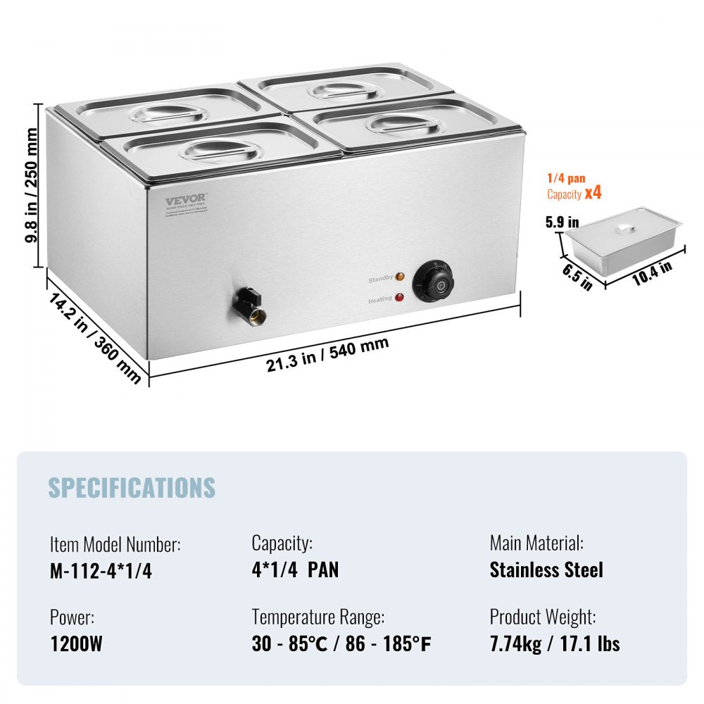 M-112 - 4-Pan 15.9QT Stainless Steel Food Warmer with Dry-Burn Protection