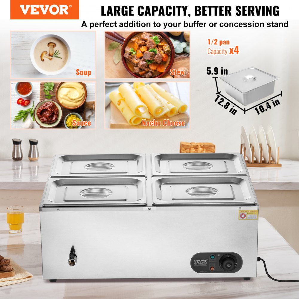 HT-6V - 4-Pan Stainless Steel Food Warmer with Dry-Burn Protection