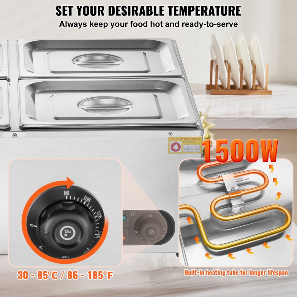 HT-6V - 4-Pan Stainless Steel Food Warmer with Dry-Burn Protection