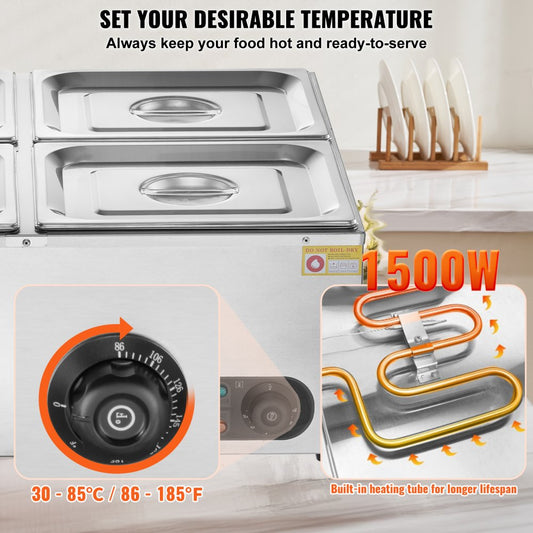 HT-6V - 4-Pan Stainless Steel Food Warmer with Dry-Burn Protection
