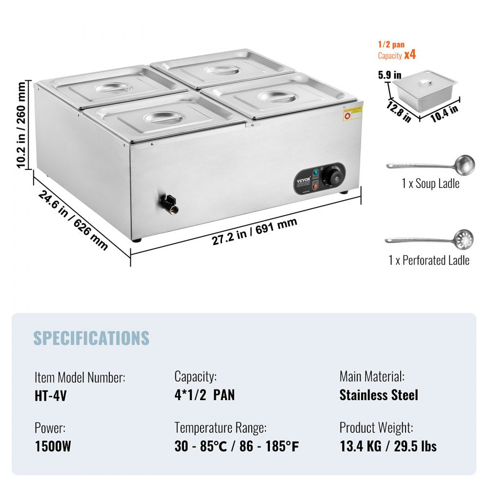 HT-6V - 4-Pan Stainless Steel Food Warmer with Dry-Burn Protection