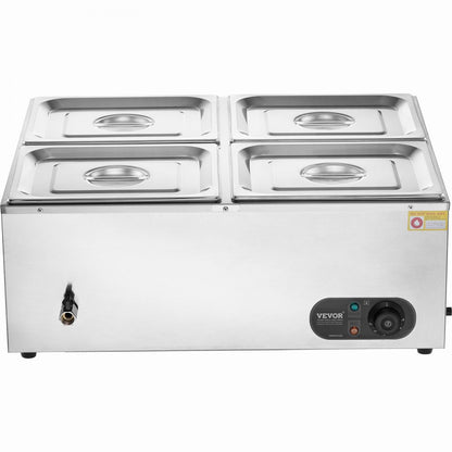 HT-6V - 4-Pan Stainless Steel Food Warmer with Dry-Burn Protection