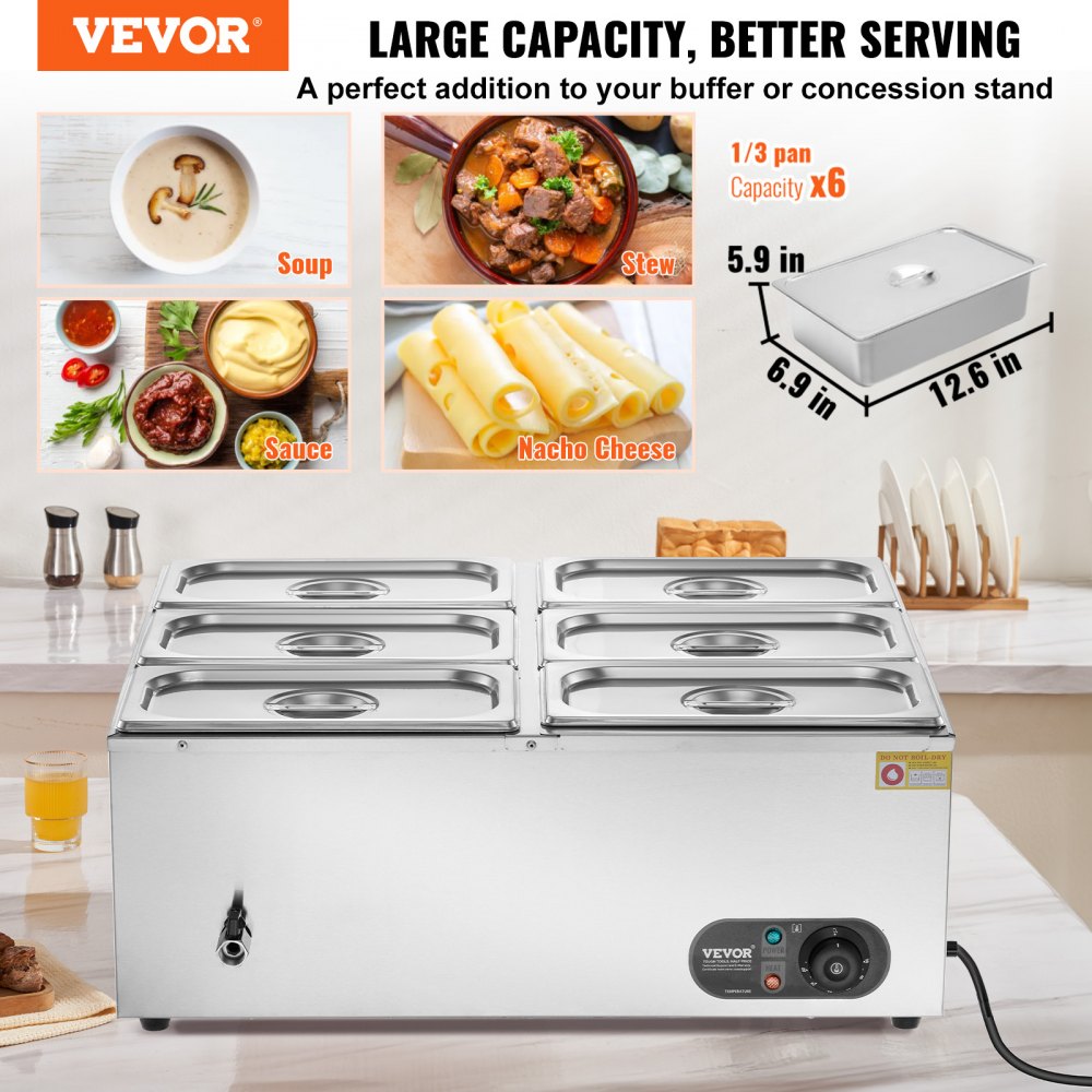HT-6V - 6-Pan Stainless Steel Food Warmer with Dry-Burn Protection