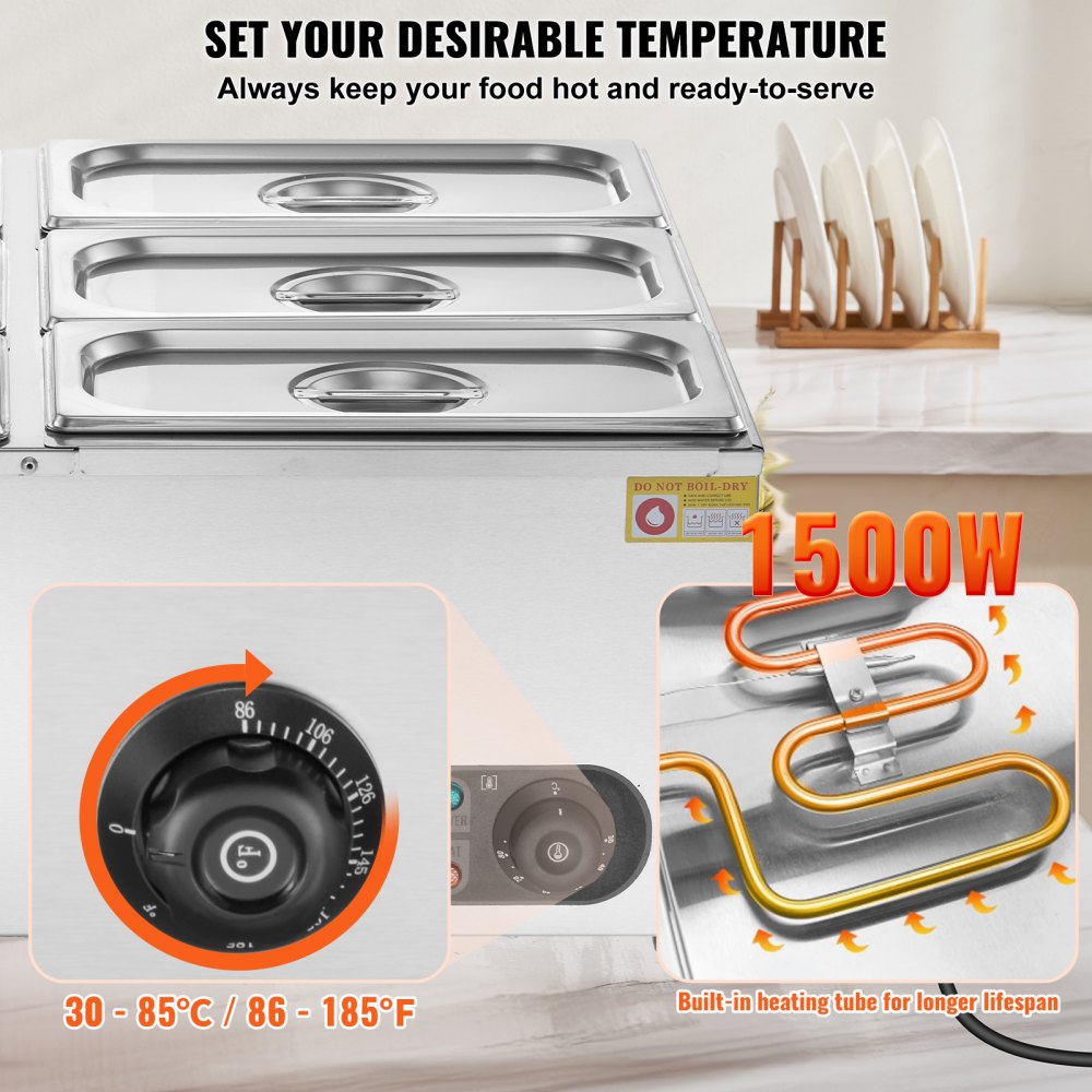 HT-6V - 6-Pan Stainless Steel Food Warmer with Dry-Burn Protection